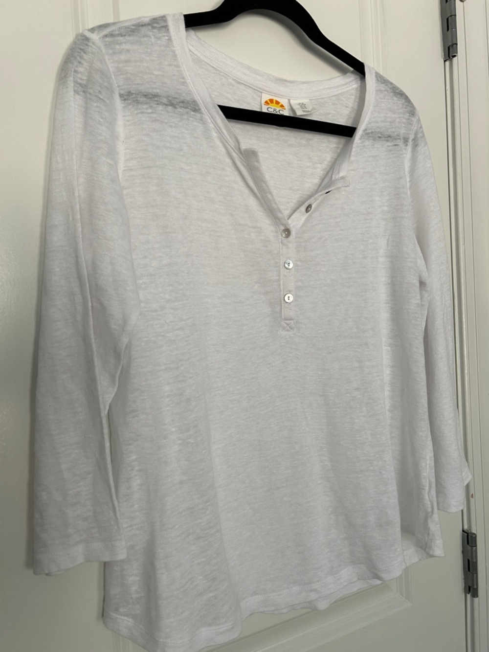 100% Linen White C&C California Henley Button Tee 3/4 Sleeves